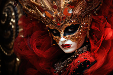 Colorful masks and costumes at traditional Carnival in Venice. Beautiful woman in mysterious maskの素材