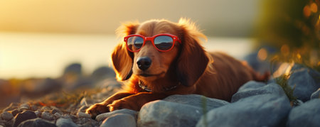 Funny dog wearing sunglasses rest in sand at the beach sea on vacation. Summer holiday by the seaの素材