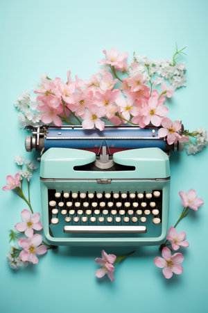 Old vintage blue typewriter with colorful spring flowers on pastel background. Love conceptの素材
