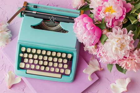 Old vintage blue typewriter with colorful spring flowers on pastel background. Love conceptの素材