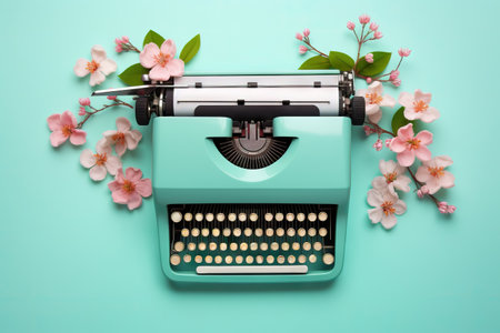 Old vintage blue typewriter with colorful spring flowers on pastel background. Love conceptの素材