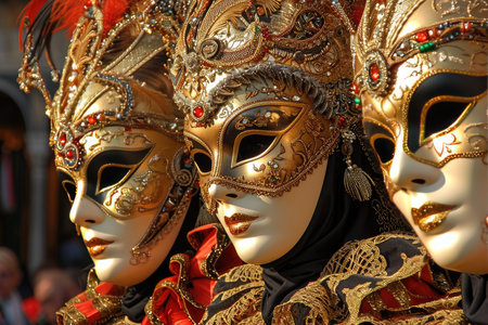 Colorful carnival masks displayed in a shop window in the center of Venice for traditional carnivalの素材