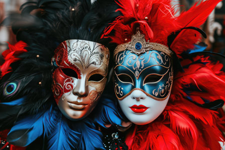 Colorful carnival masks displayed in a shop window in the center of Venice for traditional carnivalの素材