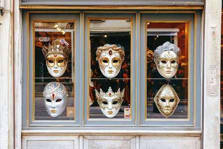 Colorful carnival masks displayed in a shop window in the center of Venice for traditional carnivalの素材