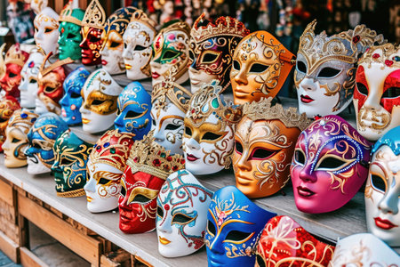 Colorful carnival masks displayed in a shop window in the center of Venice for traditional carnivalの素材
