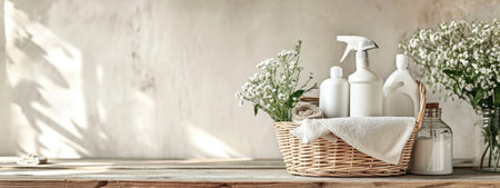 Cleaning set for different surfaces in kitchen, bathroom and other rooms. Basket with cleaning itemsの素材