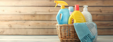 Cleaning set for different surfaces in kitchen, bathroom and other rooms. Basket with cleaning itemsの素材