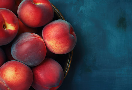 Fresh apricot or peach in bowl. Creative food background. Vegan, vegetarian conceptの素材