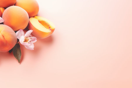 Fresh apricot or peach fruits. Creative food background. Vegan, vegetarian conceptの素材