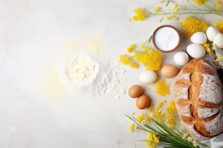 Ingredients for bakery products. Flour with flowers, eggs, bread and butterの素材