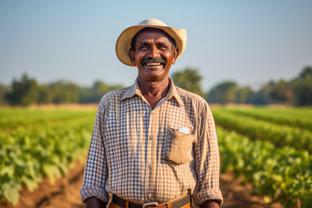 Happy african american farmer harvesting fresh organic vegetable in local farm at countrysideの素材
