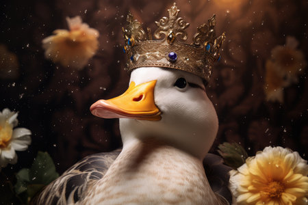 Duck in a crown on blurred background. Cute and funny duckling king or prince duck. Happy Easterの素材