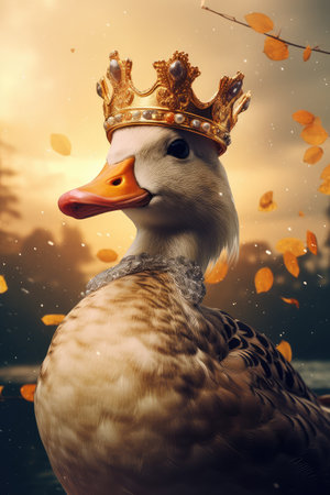 Duck in a crown on blurred background. Cute and funny duckling king or prince duck. Happy Easterの素材