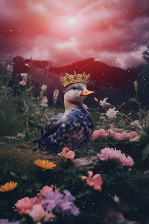 Duck in a crown on blurred background. Cute and funny duckling king or prince duck. Happy Easterの素材