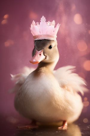 Duck in a crown on blurred background. Cute and funny duckling king or prince duck. Happy Easterの素材