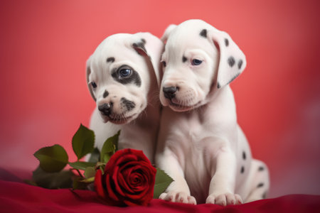Cute little dogs in spring flowers. Couple of two puppies in love on Valentine's dayの素材
