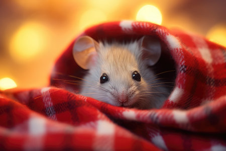 Cute small rat wrapped in knitted warm plaid. Cute funny mouse under knitted blanket. Domestic petの素材