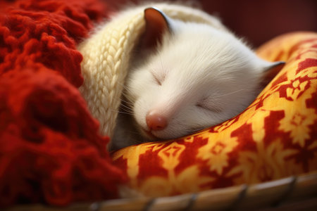 Cute small rat wrapped in knitted warm plaid. Cute funny mouse under knitted blanket. Domestic petの素材