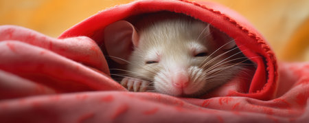 Cute small rat wrapped in knitted warm plaid. Cute funny mouse under knitted blanket. Domestic petの素材