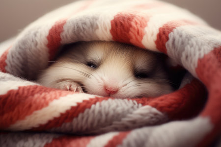 Cute small rat wrapped in knitted warm plaid. Cute funny mouse under knitted blanket. Domestic petの素材