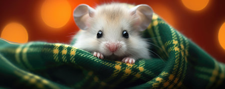 Cute small rat wrapped in knitted warm plaid. Cute funny mouse under knitted blanket. Domestic petの素材