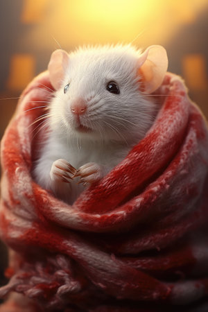 Cute small rat wrapped in knitted warm plaid. Cute funny mouse under knitted blanket. Domestic petの素材