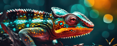 Beautyfull green chamelon. Veiled colorful chameleon on branch. Reptile lizardの素材