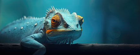 Beautyfull green chamelon. Veiled colorful chameleon on branch. Reptile lizardの素材