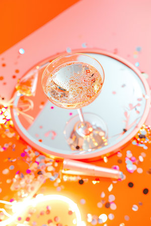 Glass of champagne at celebration. Bachelorette party. Bridal shower invitation in retro styleの素材