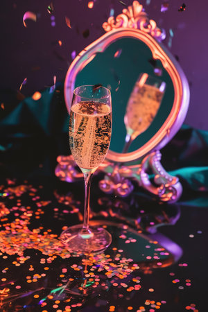 Glass of champagne at celebration. Bachelorette party. Bridal shower invitation in retro styleの素材