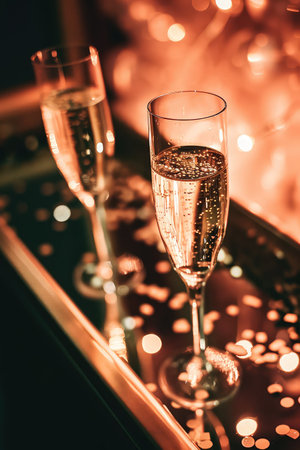 Glass of champagne at celebration. Bachelorette party. Bridal shower invitation in retro styleの素材