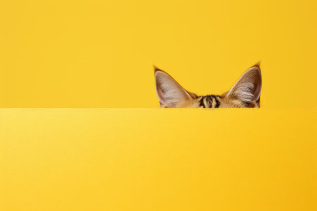 Cute cat curiously peeking over background. Kitten showing poster template. Banner about petsの素材