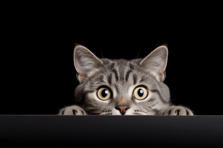 Cute cat curiously peeking over background. Kitten showing poster template. Banner about petsの素材