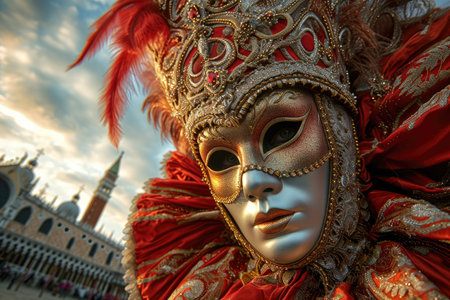 Colorful masks and costumes at traditional Carnival in Venice. Mardi Gras, masquerade partyの素材