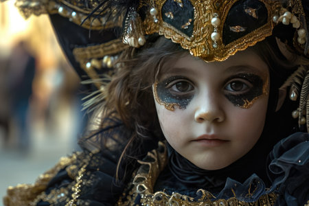 Funny kid in colorful mask and costume on the street at traditional Carnival in Veniceの素材