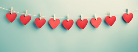 Gingham love hearts on pastel light background. Heart shape garland. Valentines dayの素材