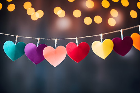 Gingham love hearts on pastel light background. Heart shape garland. Valentines dayの素材