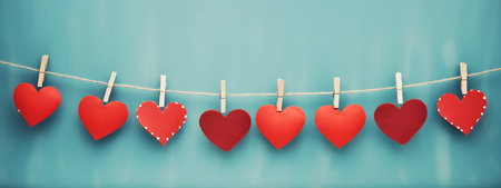 Gingham love hearts on pastel light background. Heart shape garland. Valentines dayの素材