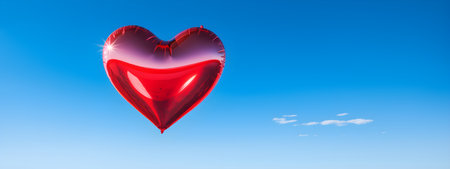 Heart shaped red air balloon flying in blue sky. Symbol of love. St Valentine's dayの素材