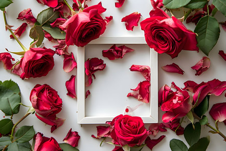 Beautiful rose flowers and green leaves. Retro floral background. Love and romantic conceptの素材