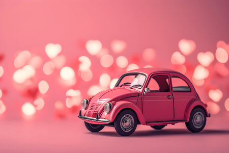 Red toy retro car with hearts on pink background. Present with love for Valentine's dayの素材