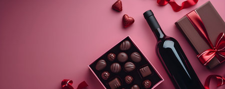 Bottle of red wine with box of chocolate candies. Valentine's day greeting card, banner, backgroundの素材