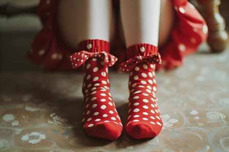Beautiful female legs in socks with a hearts print. Retro fashion, vintage conceptの素材