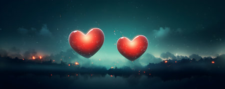 Two shining hearts on dark background. Love, Valentine's day. Romanticの素材