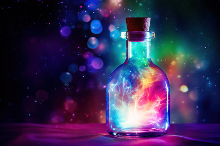 Bottle of magic potion glowing in darkness with mystery night starry sky on backgroundの素材