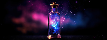 Bottle of magic potion glowing in darkness with mystery night starry sky on backgroundの素材