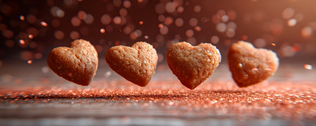 Tasty festive heart shaped pink sugar cookies for Valentine's Day on red backgroundの素材