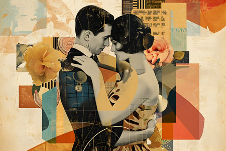 Young couple hugging. Contemporary art collage. Creative design in retro styleの素材
