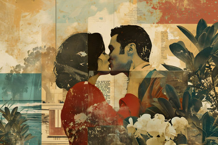 Young couple hugging. Contemporary art collage. Creative design in retro styleの素材