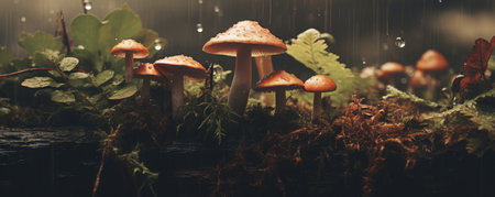 Group of fungi little fresh mushrooms growing in fall rainy forest. Autumn seasonの素材